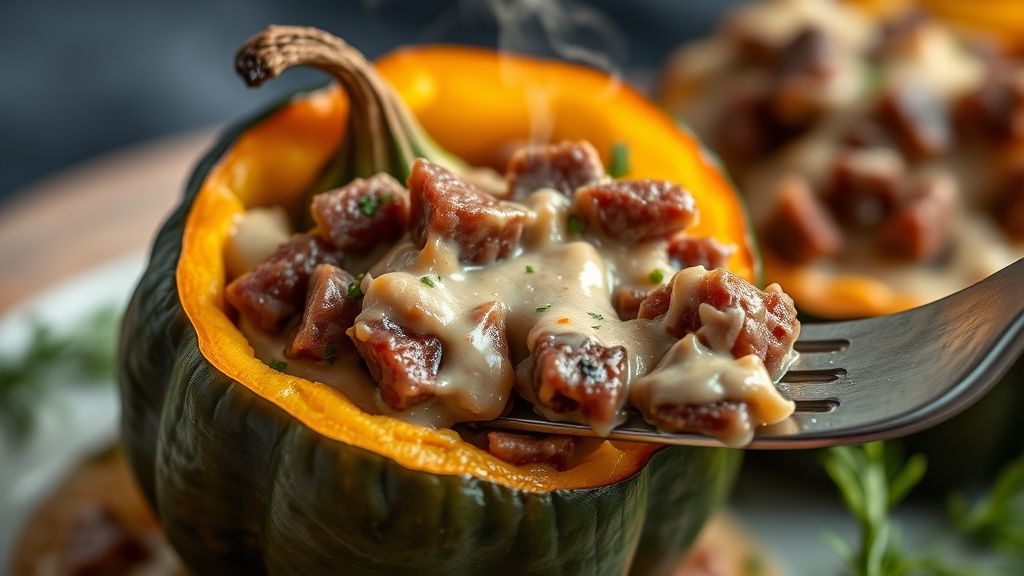 Close-up da mini abóbora dourada, mostrando o recheio cremoso de carne seca.