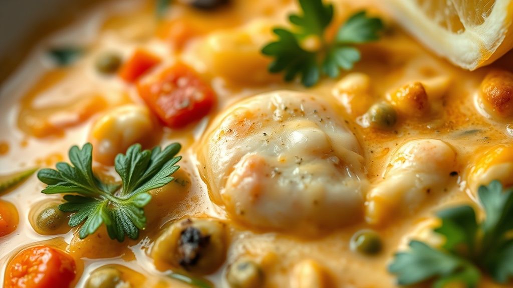 Close-up do caldo encorpado da moqueca de linguado, realçando a textura do molho e dos legumes