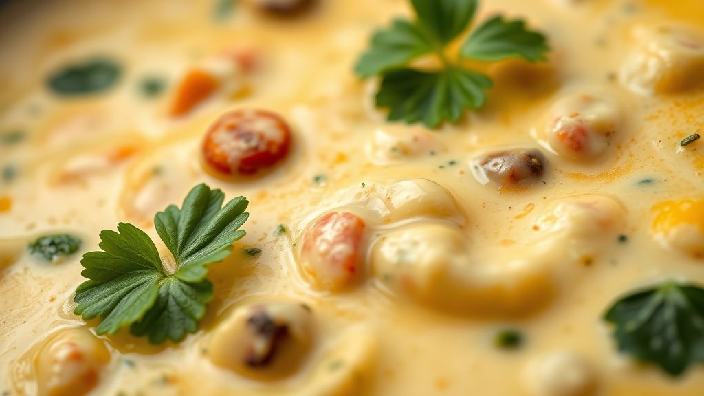 Close-up da moqueca pronta, destacando o caldo espesso, cores vibrantes e textura cremosa do peixe com pimentões.