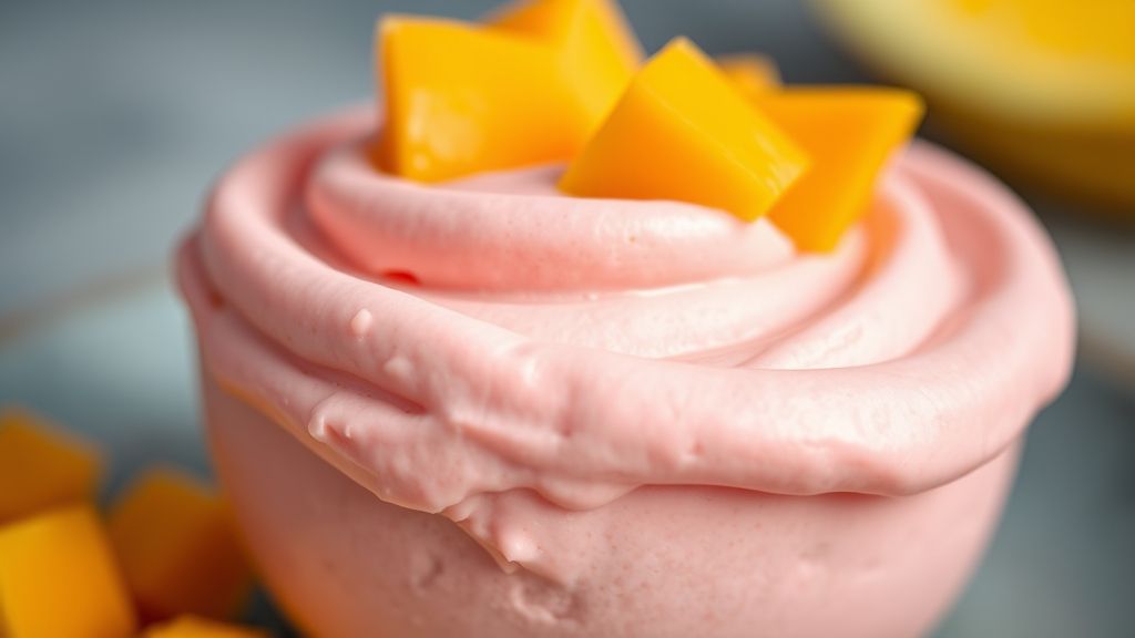 Close-up da mousse mostrando textura aerada e pedaços frescos de manga no topo