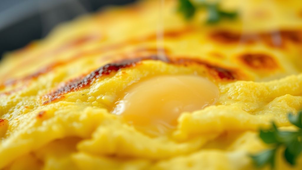 Close-up da omelete cortada, mostrando o interior cremoso com queijo derretido e ervas frescas.