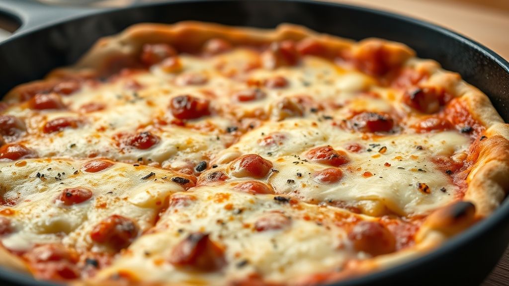 Close-up mostrando o queijo derretido e a borda levemente tostada da pizza pronta.