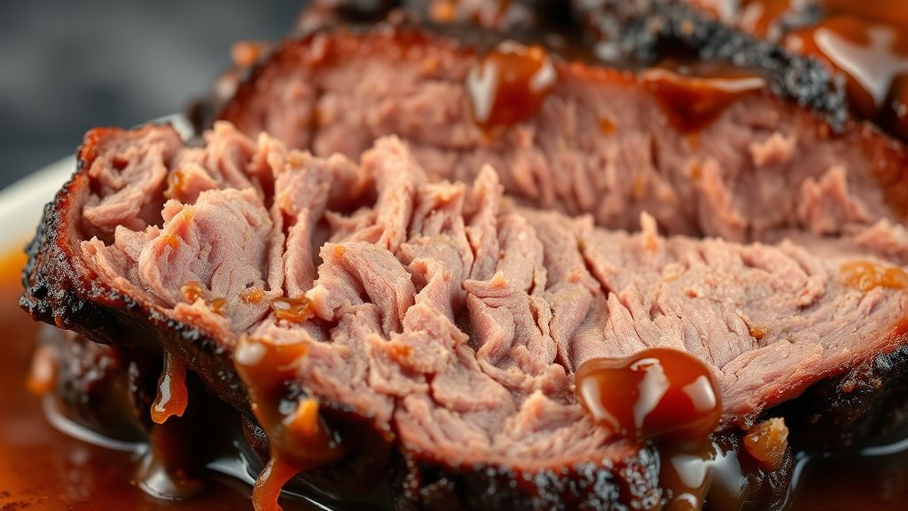 Close-up mostrando a textura macia da carne desfiando e o molho brilhante saindo da panela