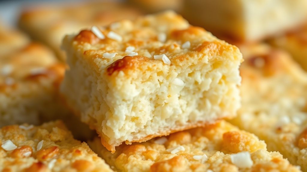 Close-up da queijadinha cortada, mostrando a casquinha dourada e o interior cremoso com pedaços de coco