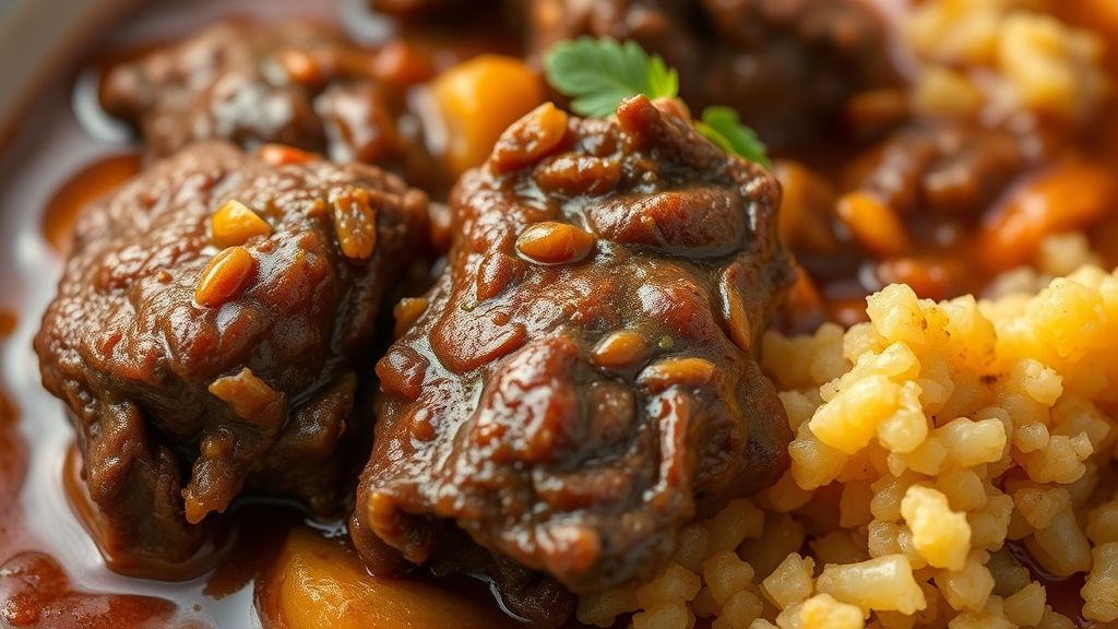 Close-up da rabada com mandioca pronta, mostrando o caldo espesso e pedaços suculentos