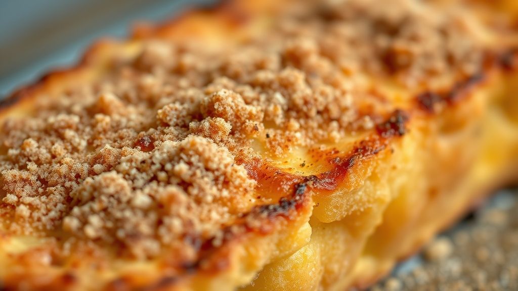 Close-up de uma fatia de rabanada assada, destacando o dourado e o açúcar com canela por cima.