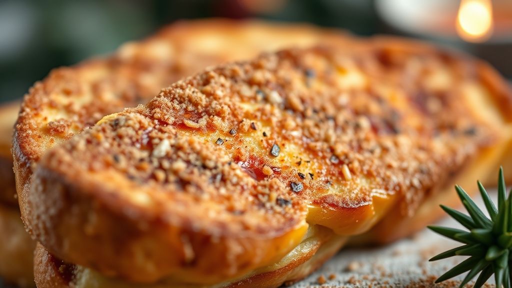 Close-up da rabanada dourada com canela e açúcar, destacando sua textura crocante e interior macio