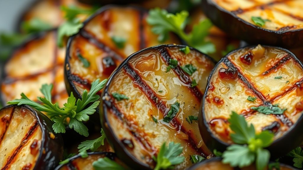 Close-up da salada de berinjela gelada mostrando textura grelhada e brilho do azeite