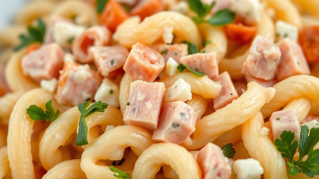 Close-up do prato frio mostrando textura cremosa e cubinhos de queijo e presunto.