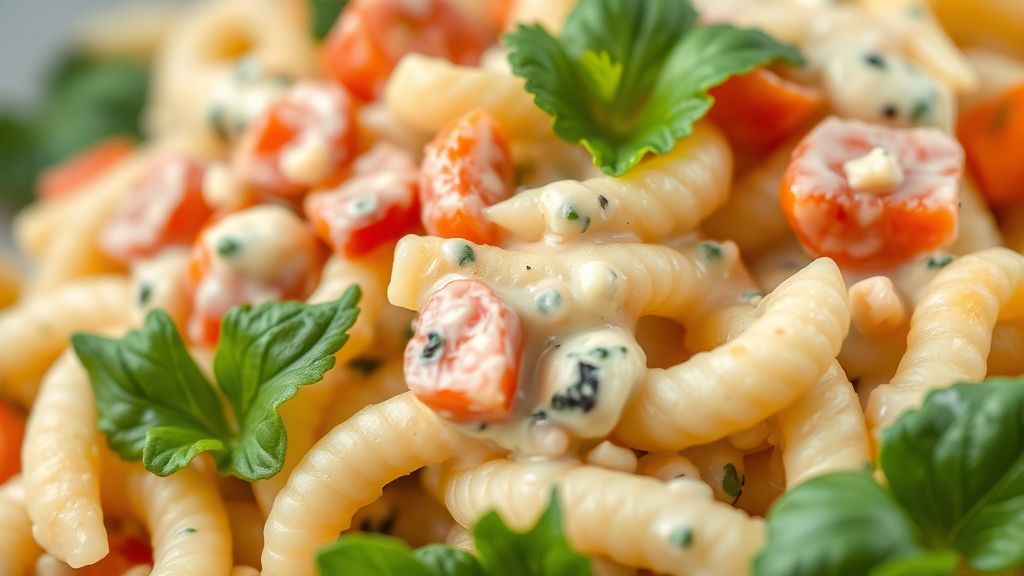 Close-up da salada de macarrão mostrando a textura cremosa e os pedaços coloridos de legumes