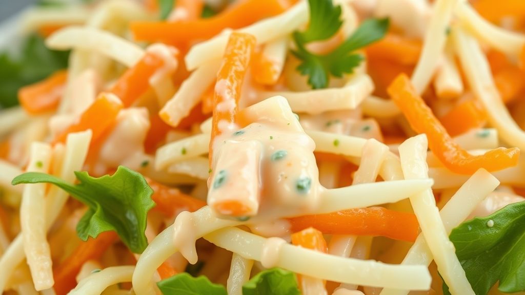 Close-up da salada já servida, destacando a cremosidade do molho e a textura crocante dos vegetais.