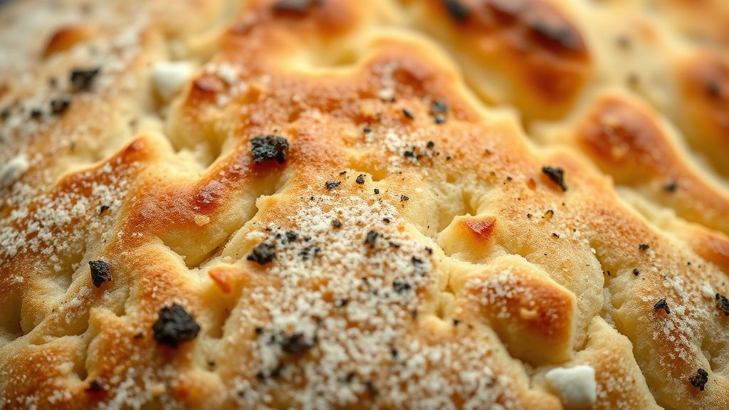 Close-up da schiacciata toscana mostrando textura crocante e brilho do azeite