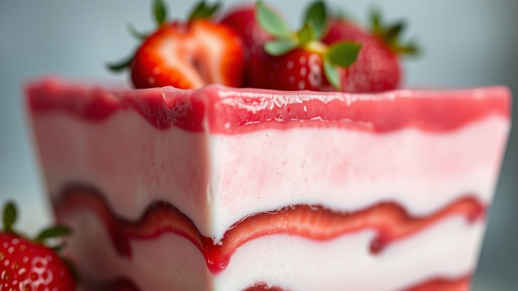 Close-up do doce finalizado, mostrando o brilho da gelatina e a textura cremosa das camadas