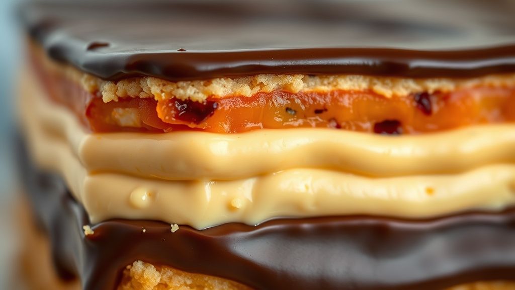 Close-up das camadas de creme e ganache, destacando o brilho e a textura cremosa do doce.