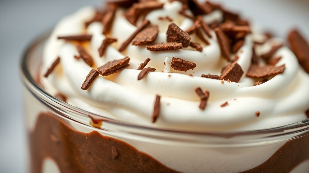 Close-up da textura cremosa da sobremesa de chocolate gelada com raspas e chantilly