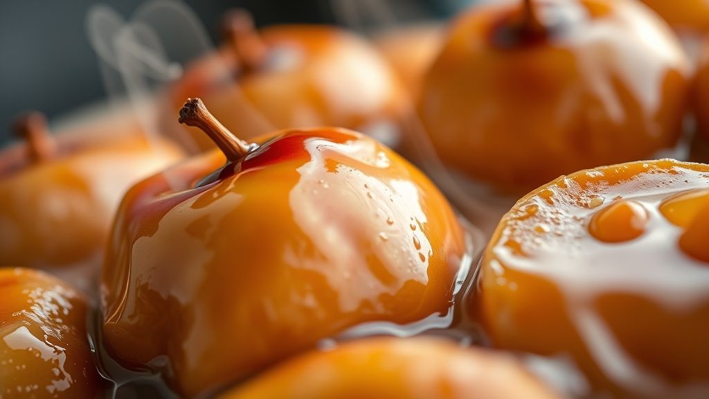 Close-up das fatias de maçã caramelizadas com brilho dourado e toque de canela no topo