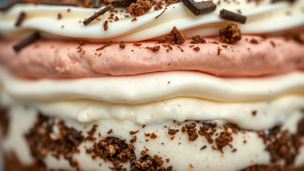 Close-up das camadas de baunilha, morango e chocolate, com textura cremosa e raspas finas no topo.