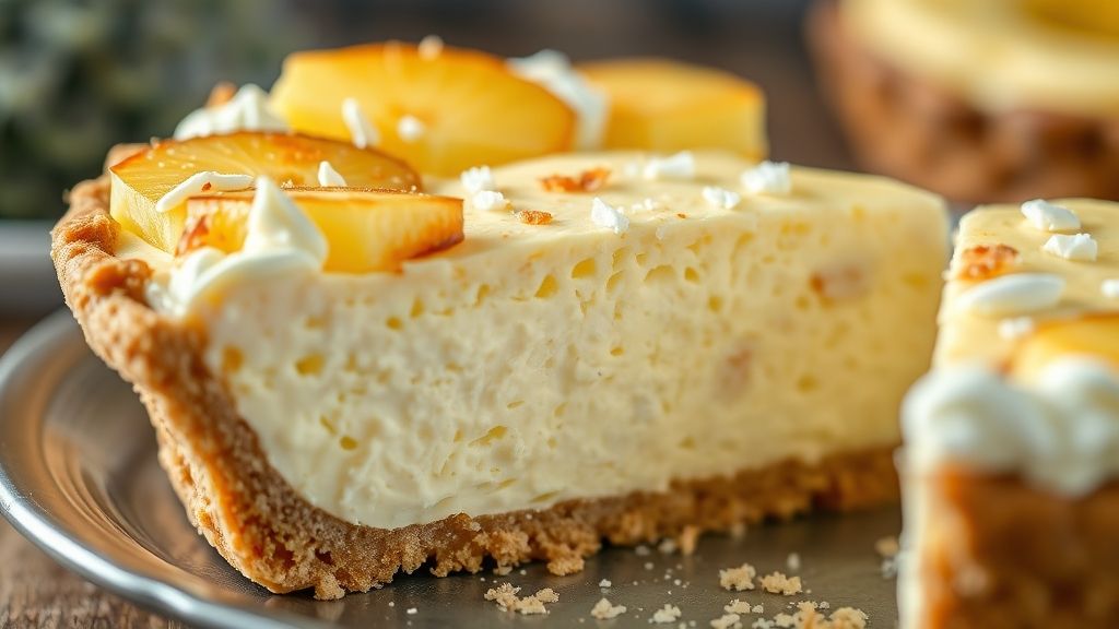 Close-up da fatia de torta, mostrando camadas de abacaxi e creme de coco brilhante.