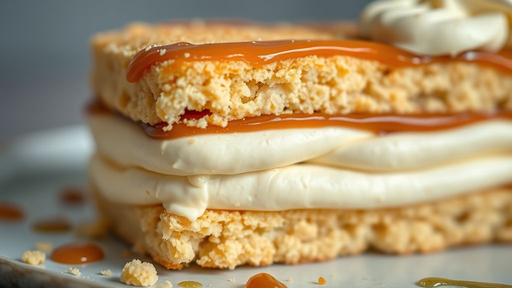 Close-up da sobremesa pronta, destacando texturas cremosas e camadas