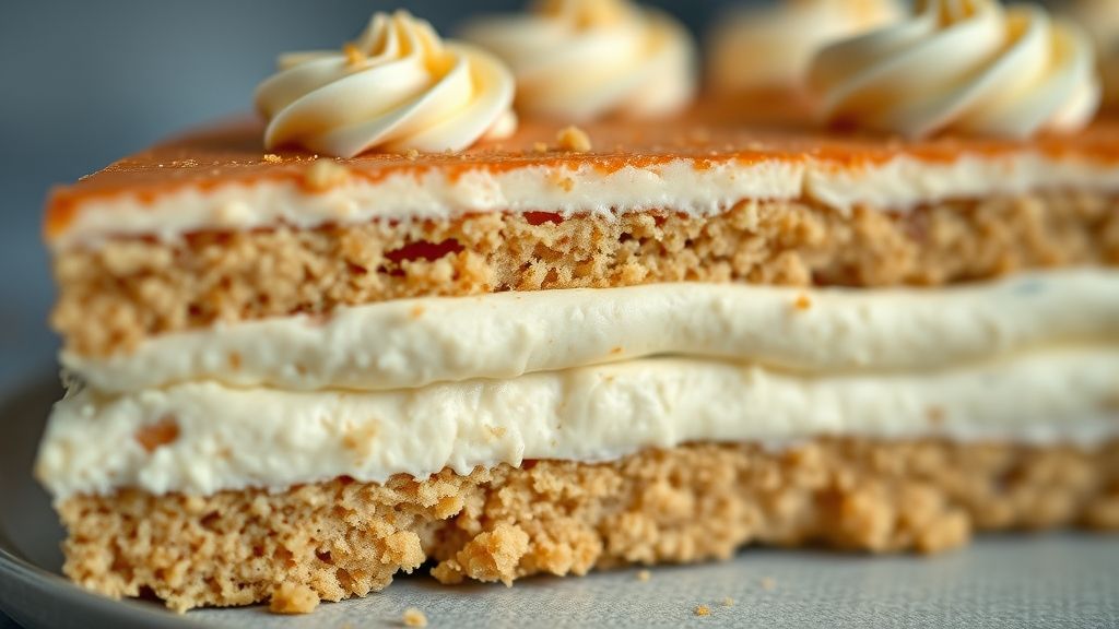Close-up mostrando a textura cremosa da torta cortada em fatia, destacando camadas bem definidas.