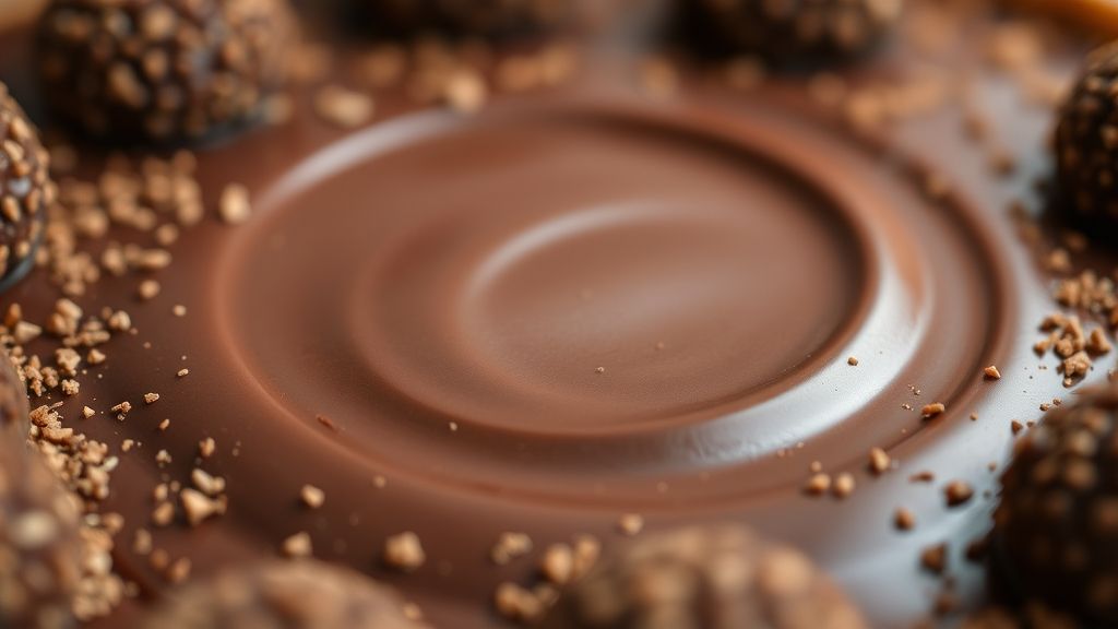 Close-up da torta pronta, mostrando o brilho do recheio de brigadeiro e a textura crocante da base