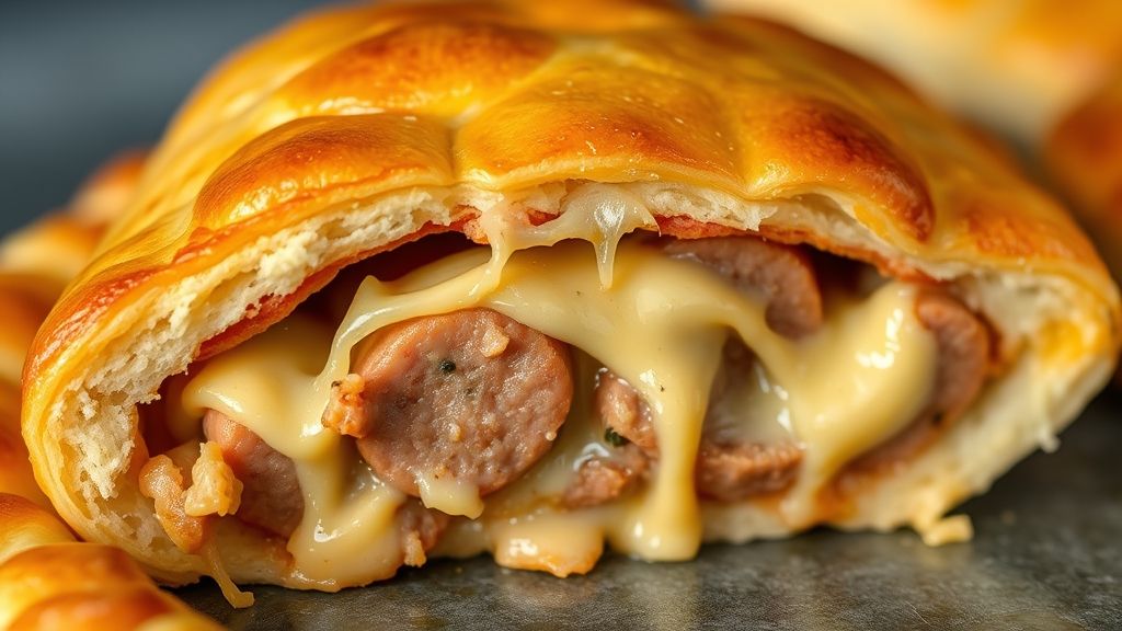 Close-up da fatia cortada de torta de cachorro-quente mostrando o recheio cremoso e o queijo gratinado