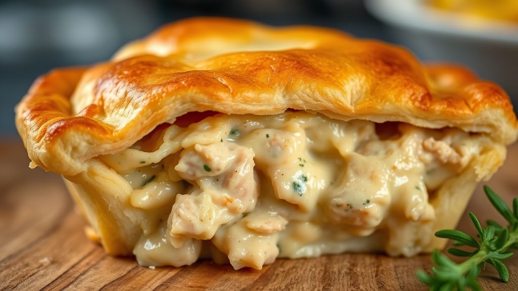 Close-up da torta de frango cortada, mostrando a textura cremosa do recheio e a crocância da massa dourada
