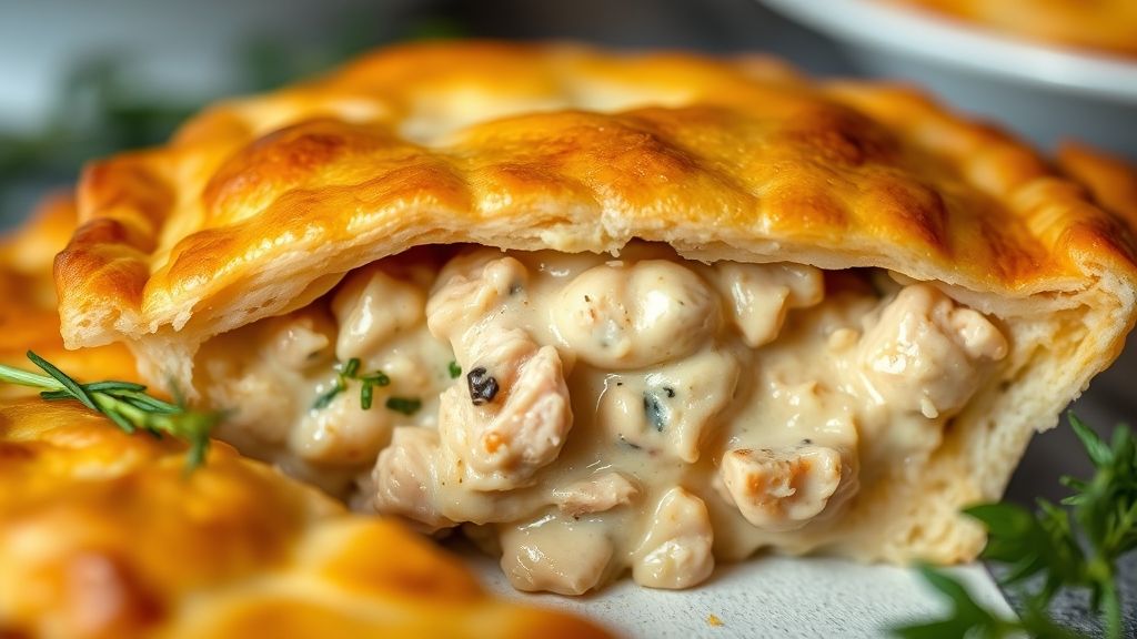 Close-up da torta de frango dourada, com textura crocante e recheio cremoso visível