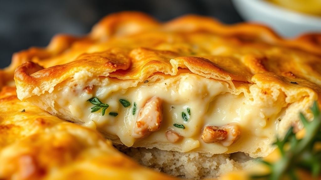 Close-up de uma fatia de torta dourada mostrando a textura leve e o recheio cremoso