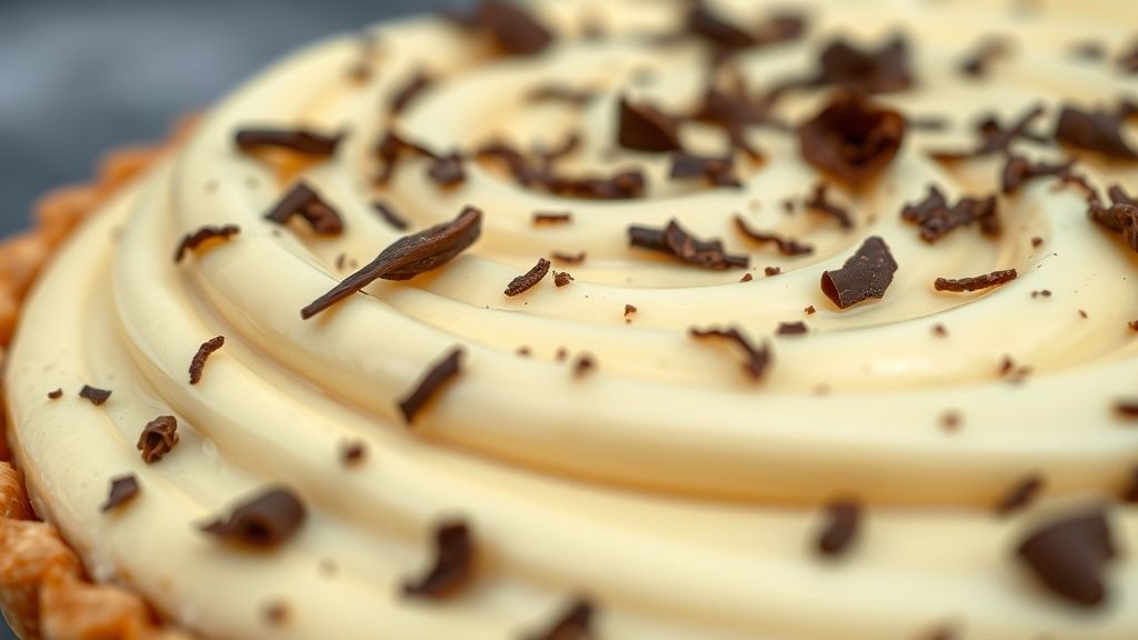 Close-up da torta de nata finalizada, destacando textura cremosa e raspas de chocolate