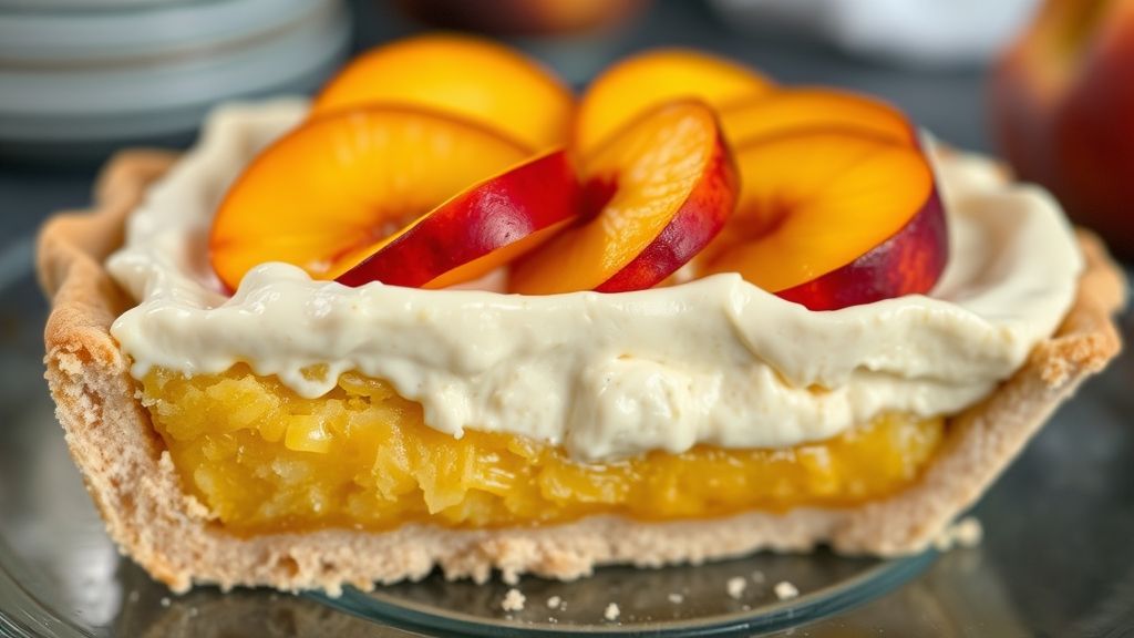 Close-up da textura cremosa e das fatias de pêssego sobre a torta finalizada