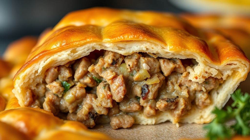 Close-up da torta pronta, mostrando o recheio de salsicha e a textura fofa da massa