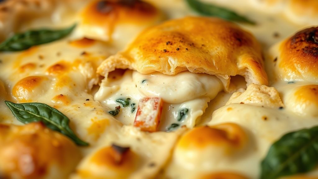 Close-up mostrando a textura cremosa do recheio e a crosta dourada da torta recém-assada