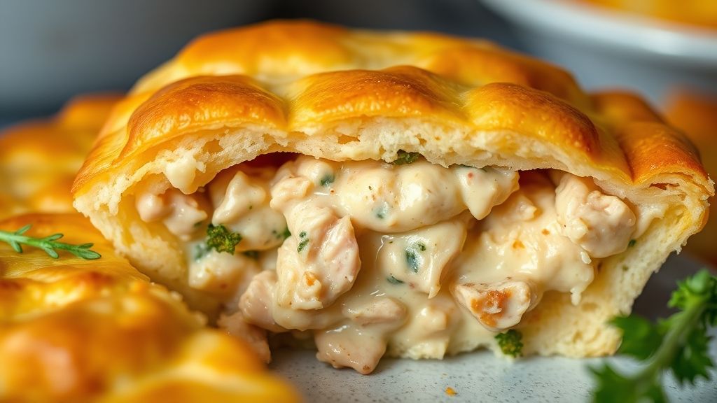 Close-up de um pedaço da torta cortada, mostrando recheio cremoso de frango e queijo com textura fofa da massa
