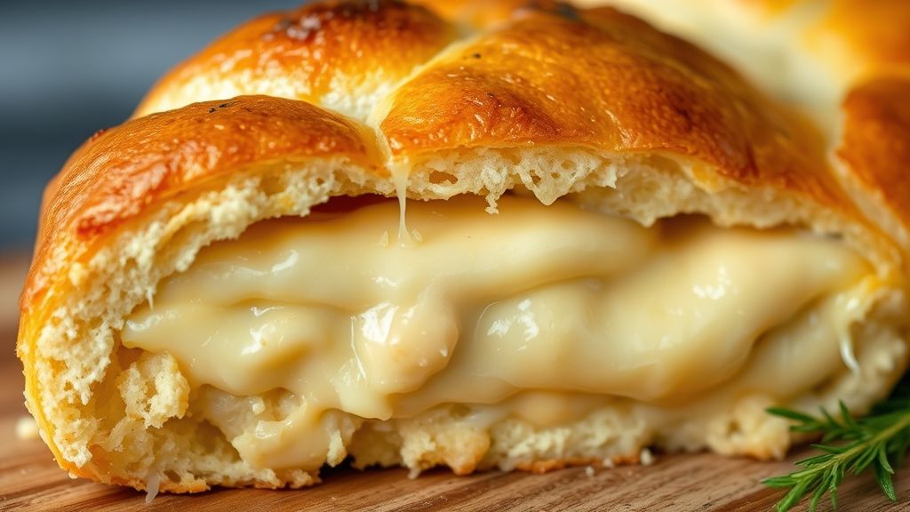 Close-up mostrando a textura cremosa e o queijo gratinado da torta pronta