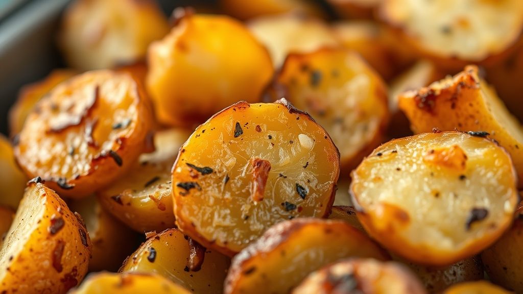 Close-up mostrando a textura dourada e crocante das batatas recém-assadas.