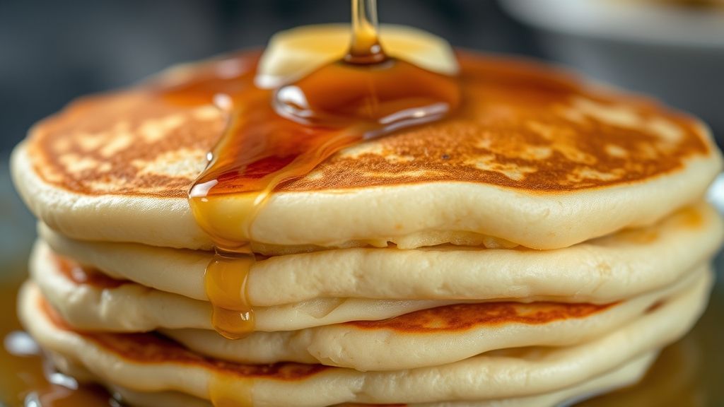 Close-up mostrando as panquecas empilhadas e textura aerada, com mel escorrendo lentamente
