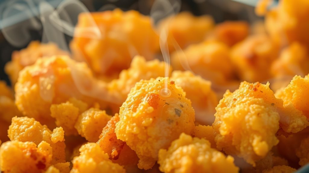 Close-up dos pratos prontos, mostrando textura crocante e coloração dourada.