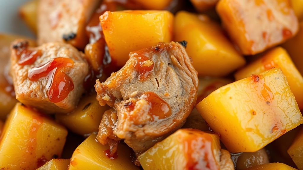 Close-up do prato pronto destacando o brilho do molho, a textura suculenta da carne e o contraste dourado do abacaxi.