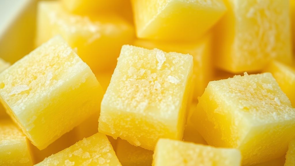 Close-up dos cubos de abacaxi congelados, mostrando a textura cristalizada e cor vibrante.