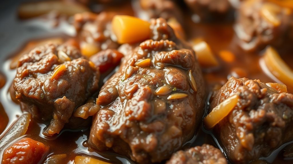 Close-up mostrando a textura macia da carne e o brilho do molho espesso com cebolas caramelizadas