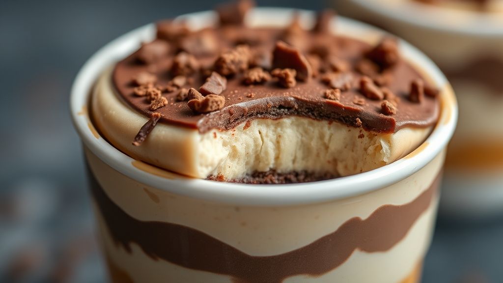 Close-up do alfajor no copinho mostrando as camadas perfeitas e textura cremosa com raspas de chocolate por cima.