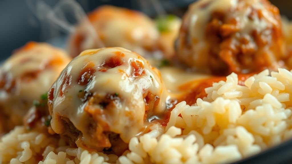 Close-up do prato com almôndegas cobertas de molho e queijo derretendo sobre o arroz