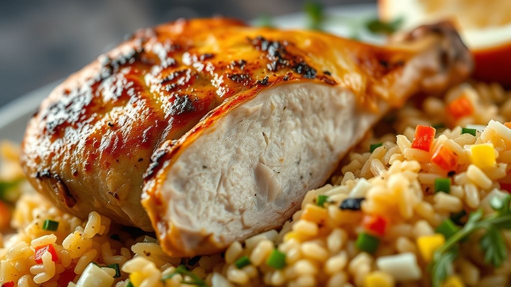 Close-up mostrando o frango dourado e o arroz à grega, destacando textura e cores vibrantes.