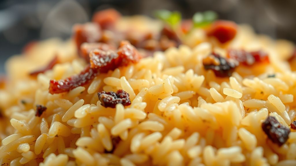 Close-up do arroz carreteiro pronto, grãos soltinhos e pedaços dourados de carne de sol.