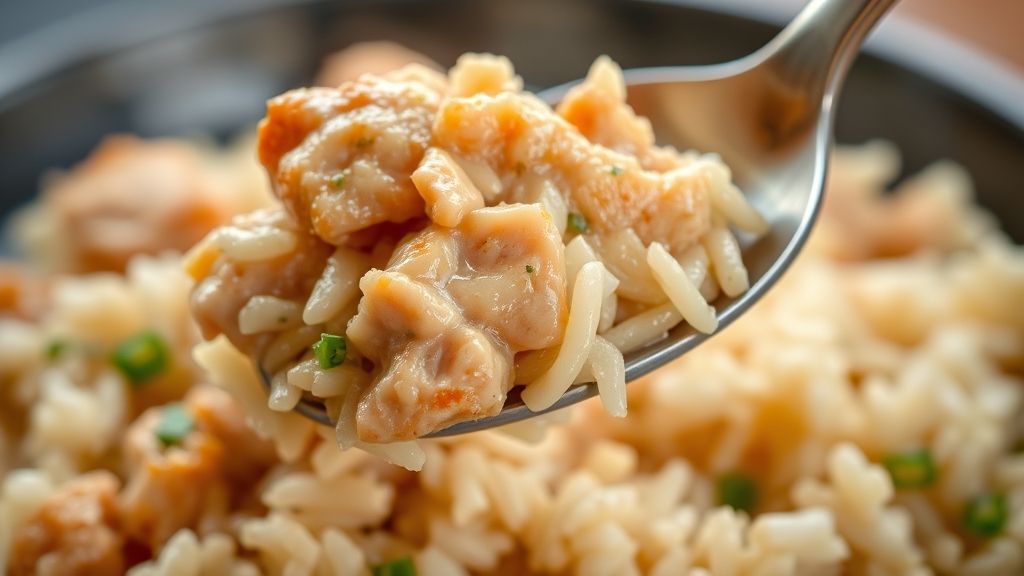 Close-up do arroz com frango cozido, mostrando a textura dos grãos e pedaços dourados de frango.