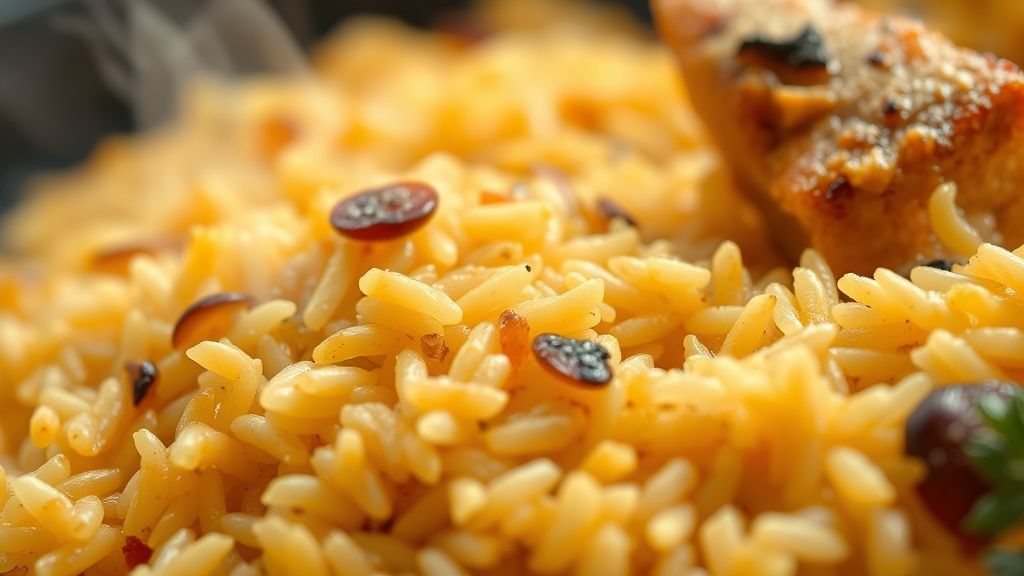 Close-up do arroz pronto, destacando grãos dourados e o pequi suculento no prato