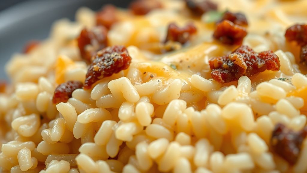 Close-up do arroz cremoso com carne de sol mostrando a textura cremosa e o queijo derretido entre os grãos