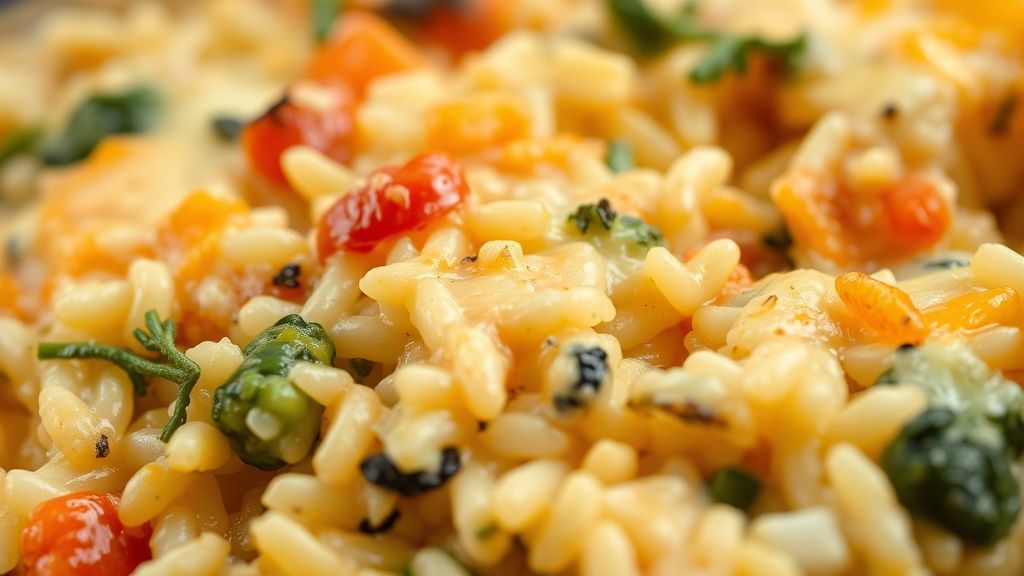 Close-up do arroz de forno cremoso e dourado, com queijo derretido e pedaços de legumes visíveis.