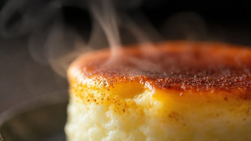 Close-up do arroz doce brûlée com crosta queimadinha e textura cremosa visível sob o caramelo.